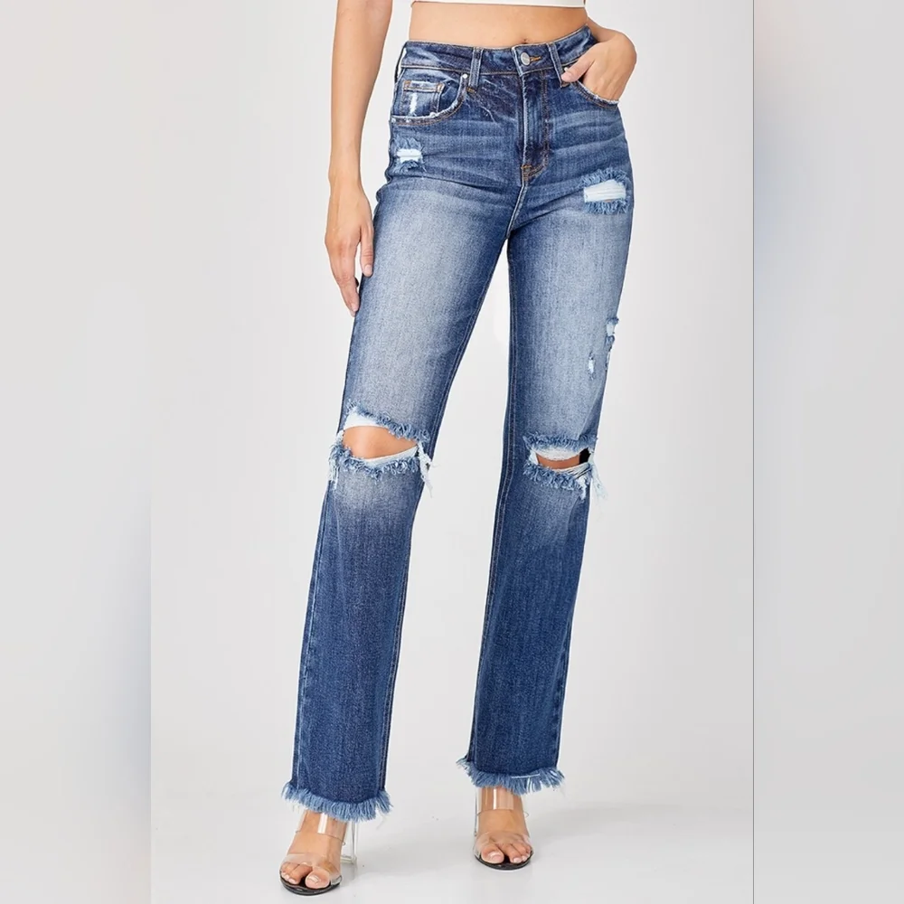 RISEN Torn High-Rise Distressed Jeans Retro Straight Leg Classic Denim Pants_3